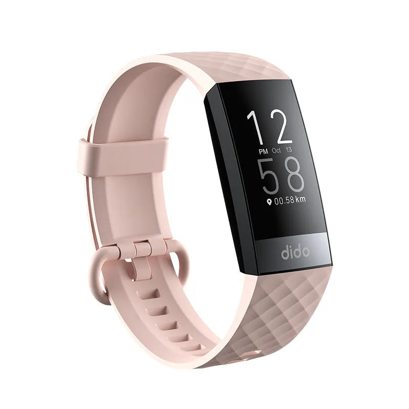 Black smart health bracelet with screen showing blood pressure and ECG readings on wrist.