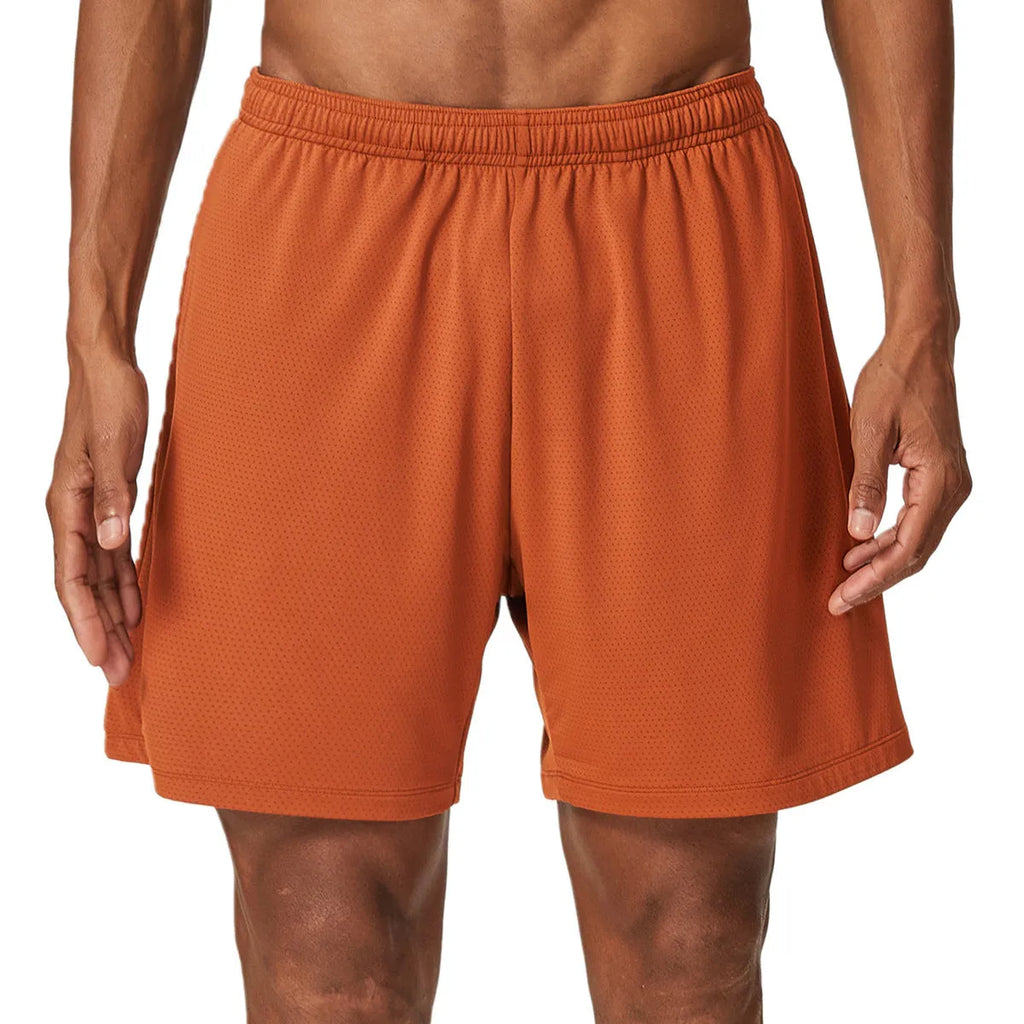 Man's quick-drying athletic shorts in khaki colour, showing double-layer construction and mid-waist fit.