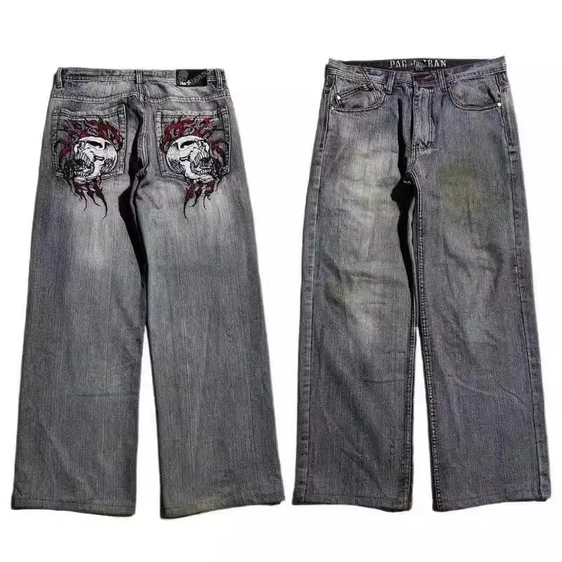 Men's grey washed-out jeans with wide-leg workwear design and straight-cut silhouette
