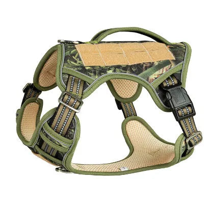 Tactical dog chest strap in oxford cloth, shown in olive green colour on a working dog.