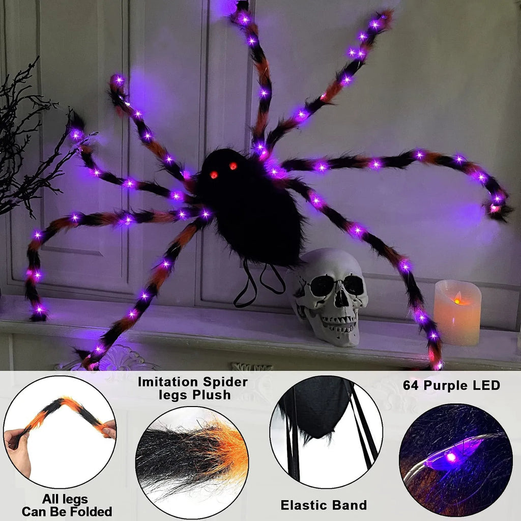 Halloween spider backpack with purple LED lights in orange colour with plush sugar bag compartment