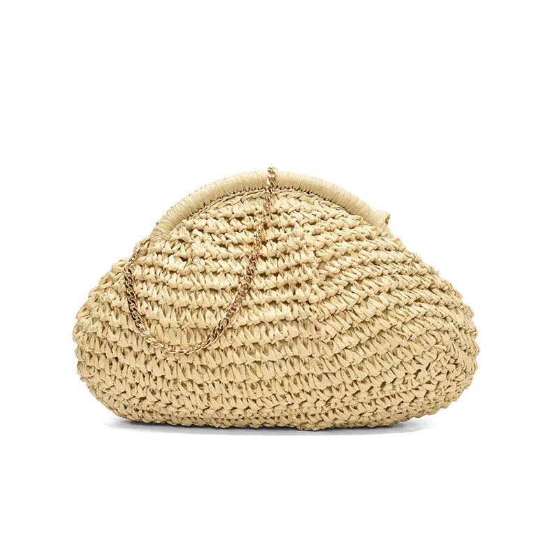 Beige shell-shaped straw shoulder bag with chain strap and woven texture.