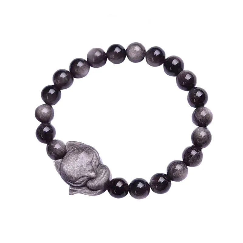 Obsidian fox bracelet with 8mm black beads and silver fox charm on adjustable black cord