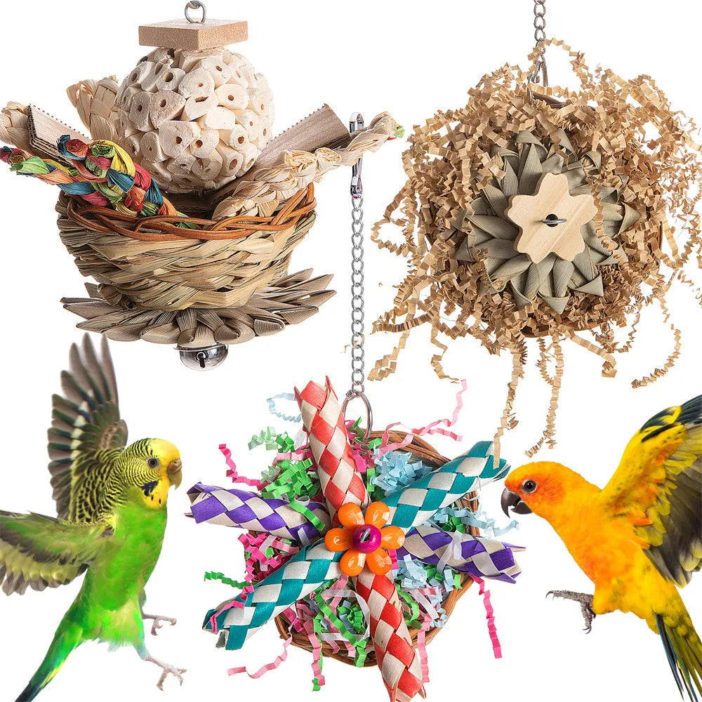 Three natural wood and rope parrot gnawing toys hanging as a bundle for large bird cage enrichment.