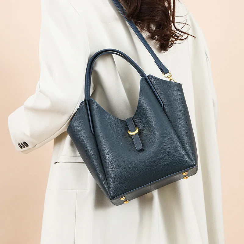 Women's genuine leather bucket handbag in four colours with file compartment and retro sewing details