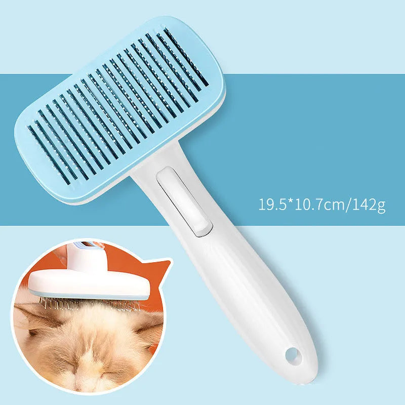 Automatic pet hair removal comb for dogs and cats in blue, grey, green or pink.