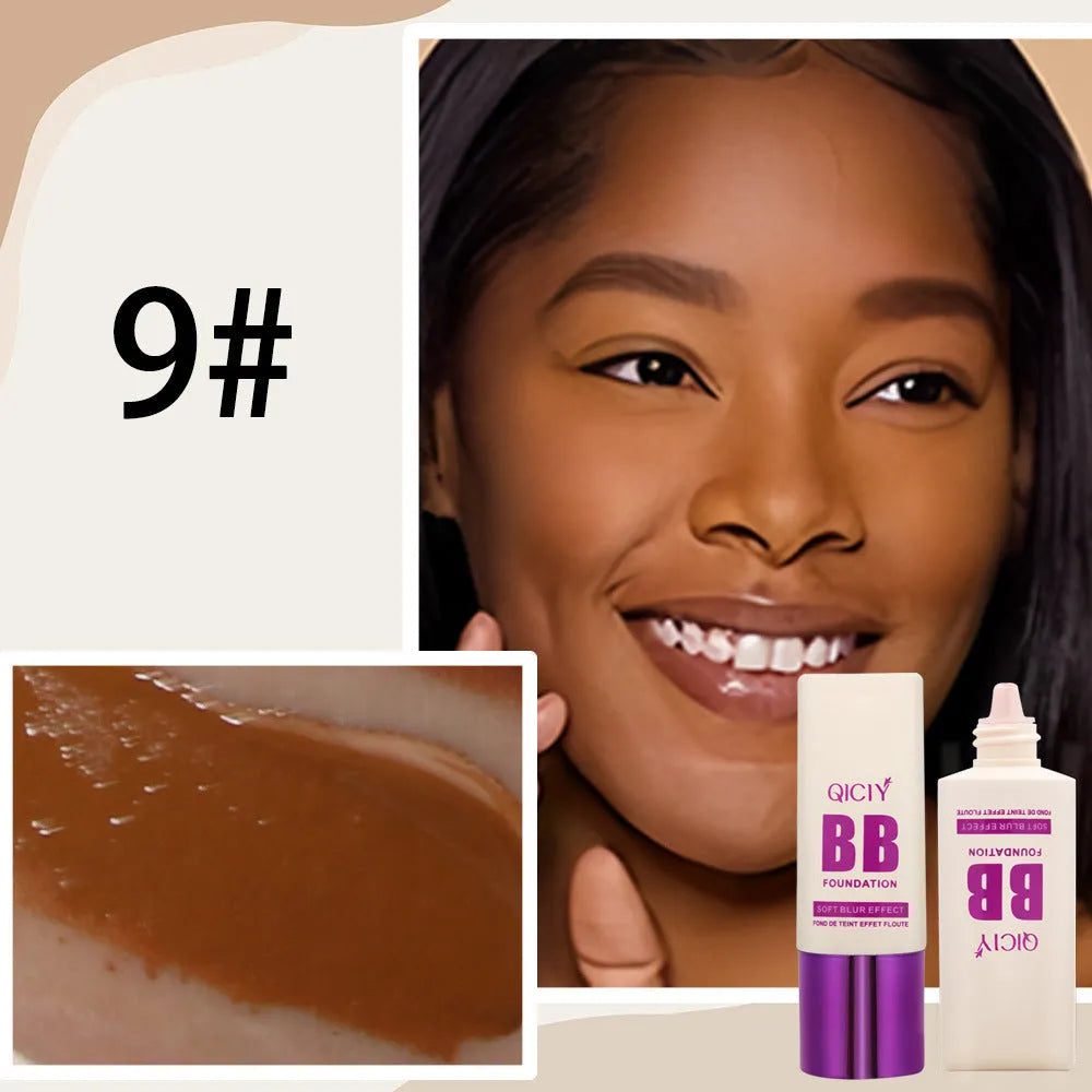 Feeding bottle design BB cream liquid foundation with brightening repair, showing 10 shade options.