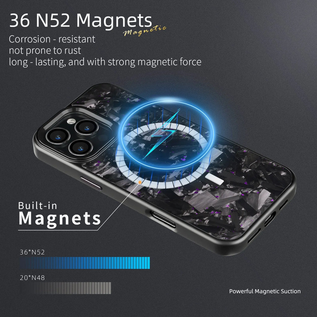 Magnetic carbon fibre iPhone 17 protective case with forged metal frame pattern in various colour options