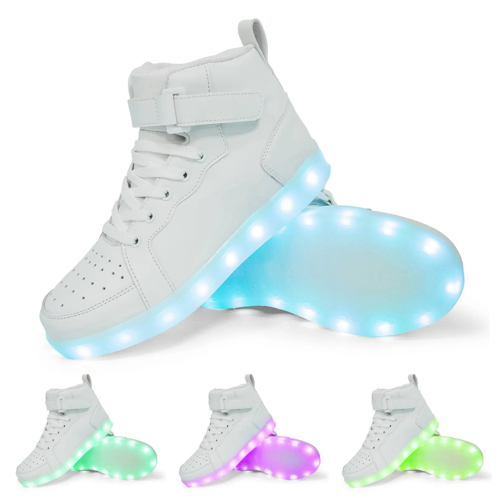 Unisex black LED high-top trainers with Velcro strap and glowing lights on the sole.