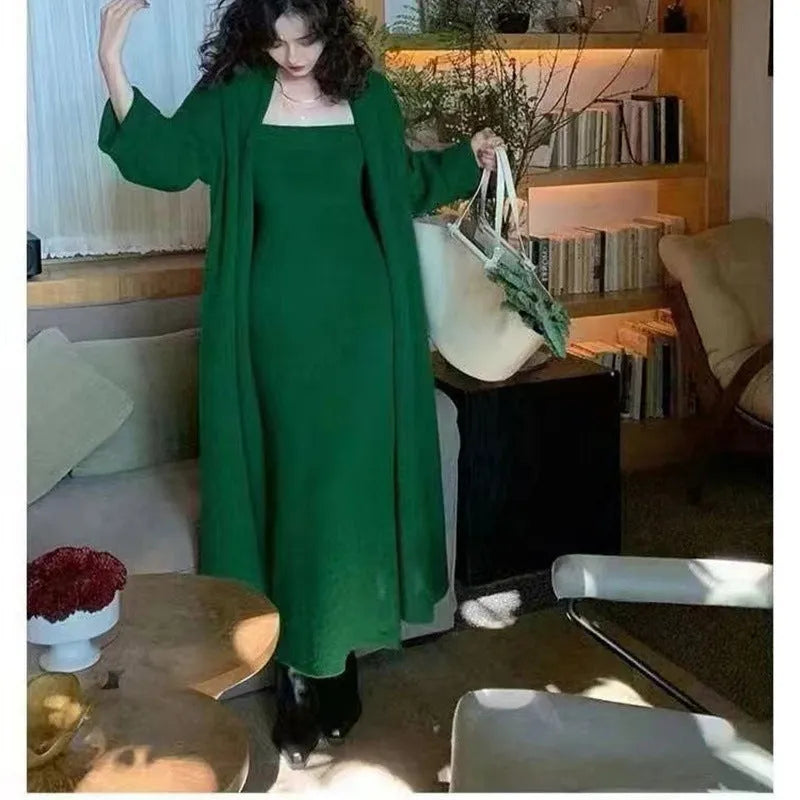 Women's grey knitted cardigan dress suit with matching coat, showing flocked pattern detail.