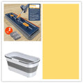 Large flat mop with long stainless steel handle and blue fine fibre cloth attached to a 360-degree rotating head.
