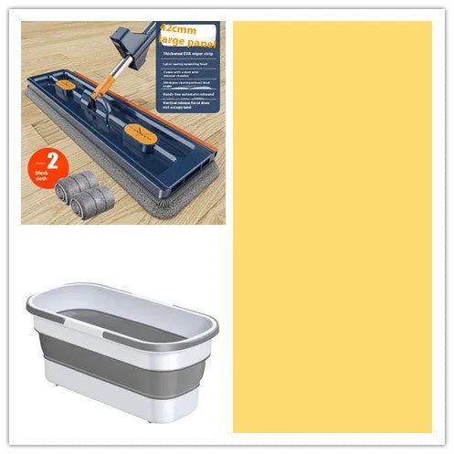 Large flat mop with long stainless steel handle and blue fine fibre cloth attached to a 360-degree rotating head.