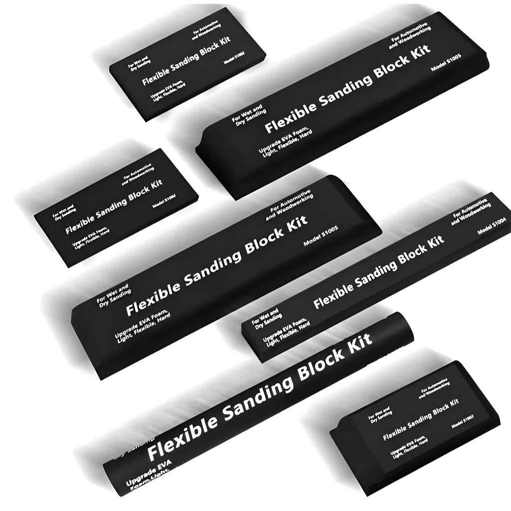 Set of seven black EVA frosted metal blocks arranged for workshop support and material positioning