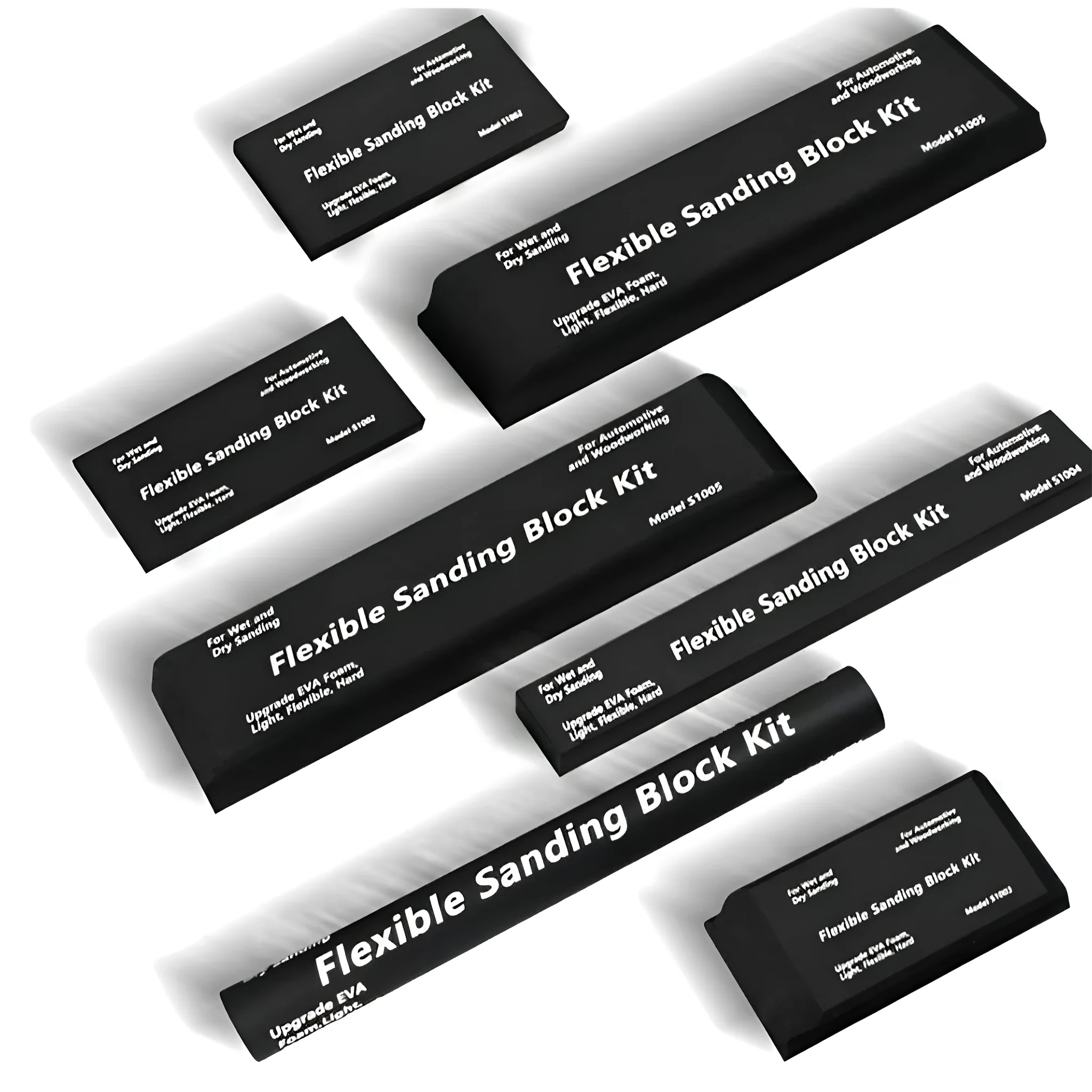 Set of seven black EVA frosted metal blocks arranged for workshop support and material positioning