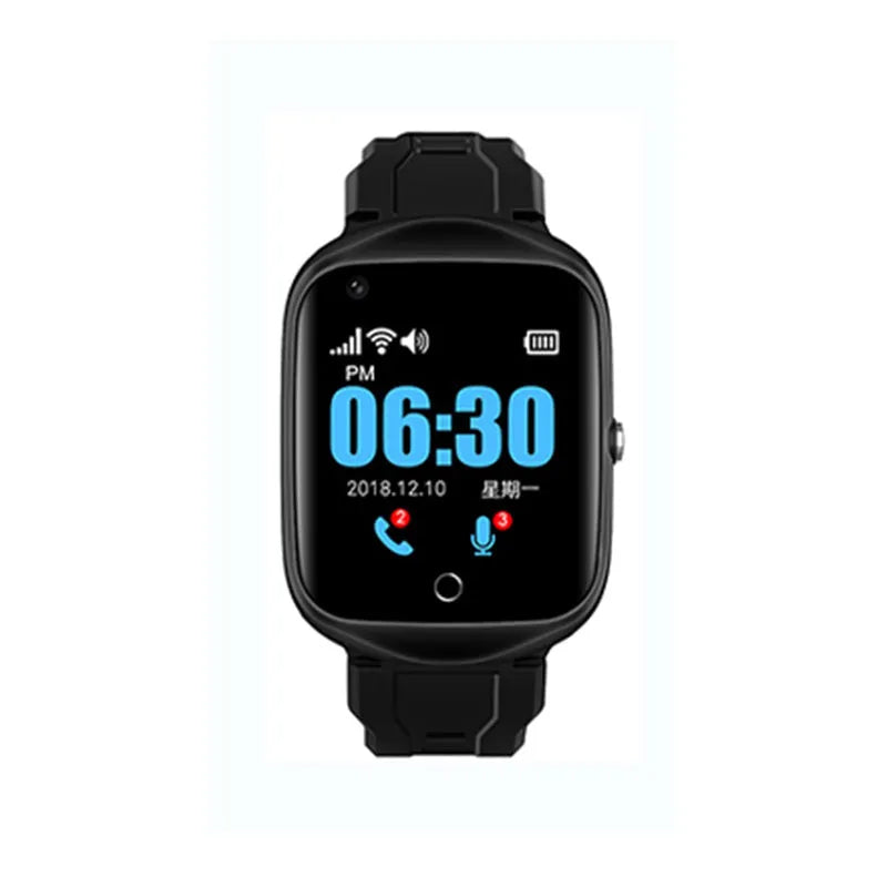 Square smartwatch for elderly with GPS tracking and SOS button shown in black, blue, and silver colour options