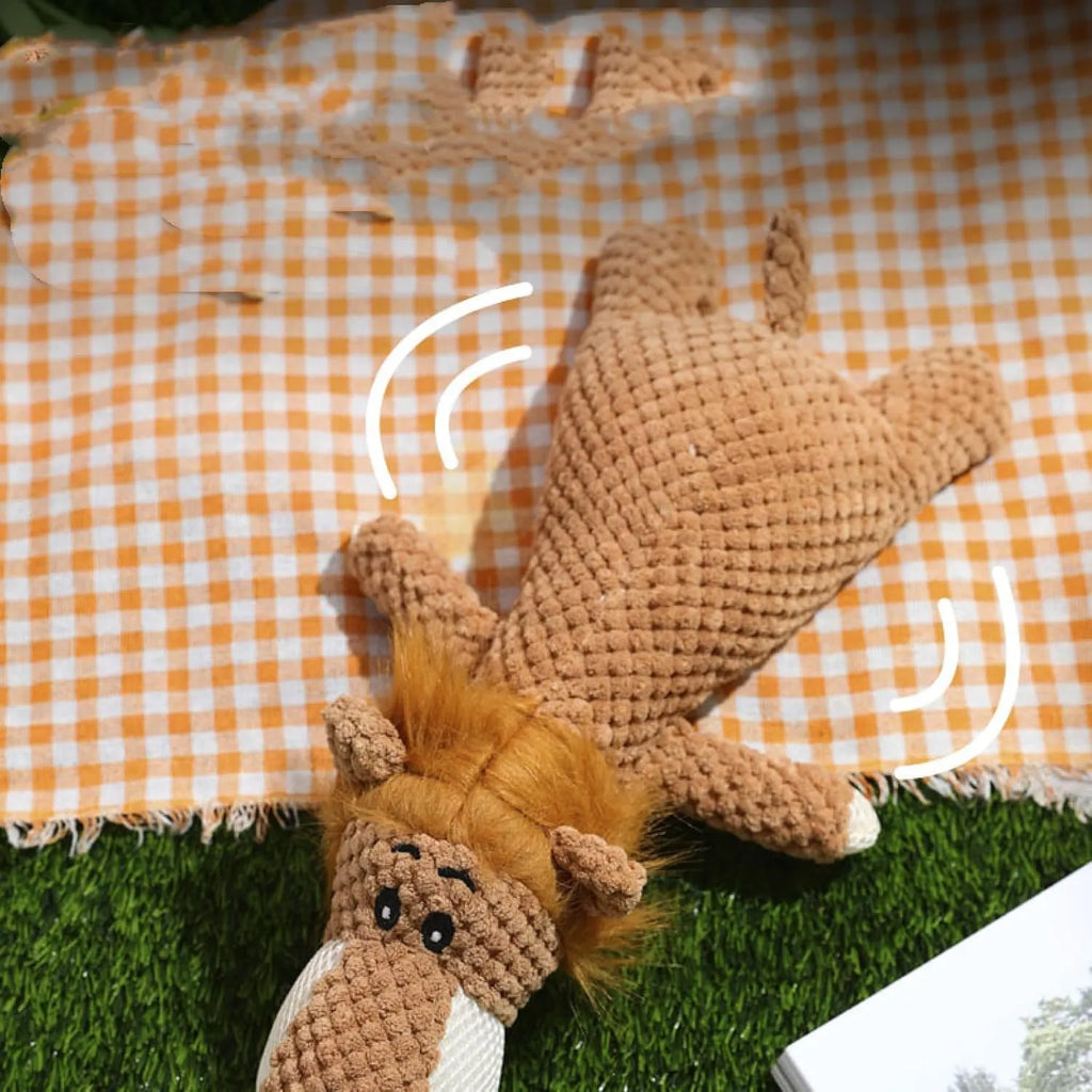 Corn-shaped plush dog chew toy with textured kernel design and squeaker
