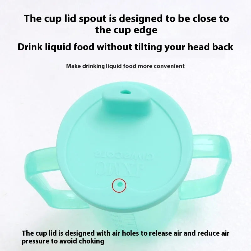 Assortment of adult drinking cups including an oblique mouth choke-proof model with a wrist splint.