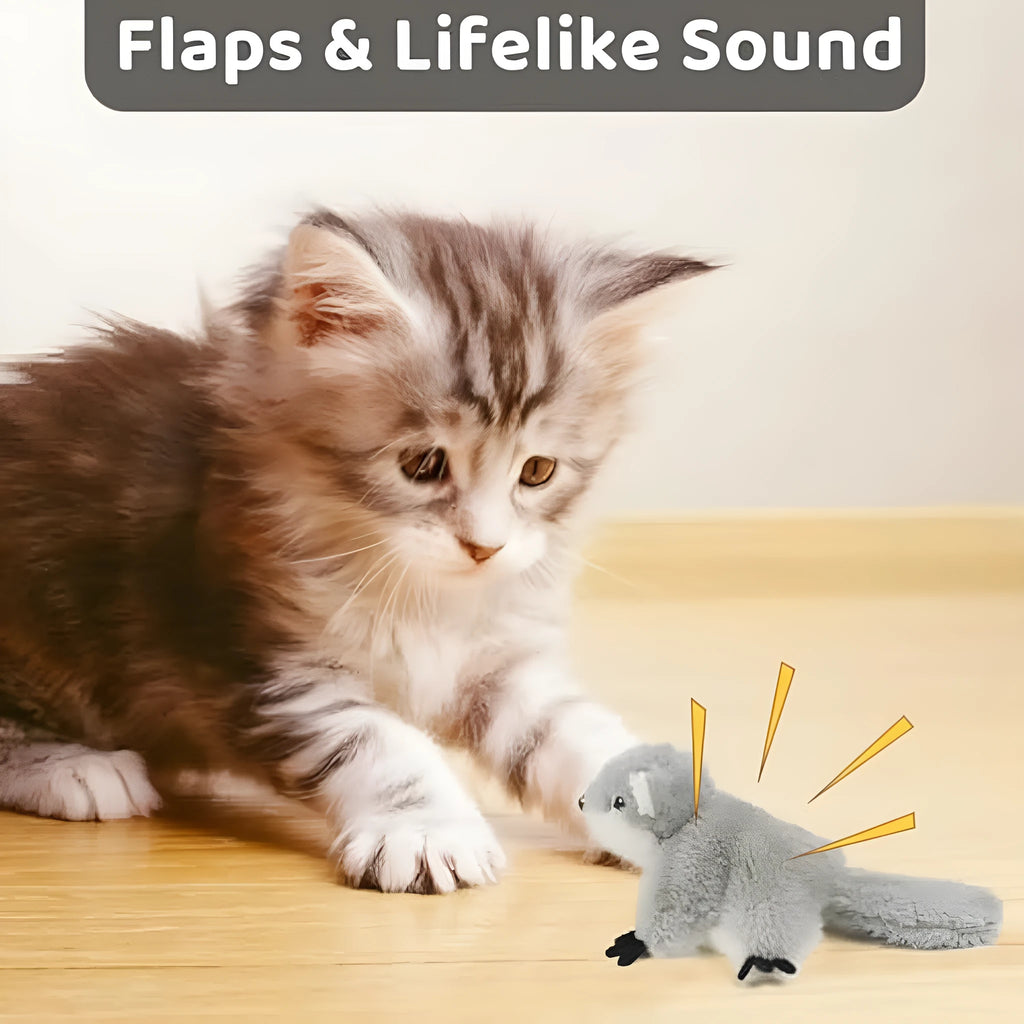 Grey plush squirrel cat toy with flapping wings, shown with a USB charging cable.