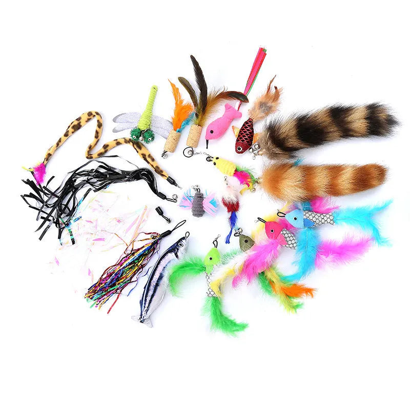 Extendable cat fishing rod toy with feather heads, showing two poles and multiple attachments