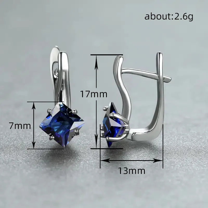 Copper women's stud earrings with diamond design and inlaid zircon in blue, green colours.