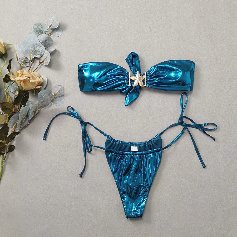 Women's glossy tube top bikini with gold starfish design in sapphire blue colour