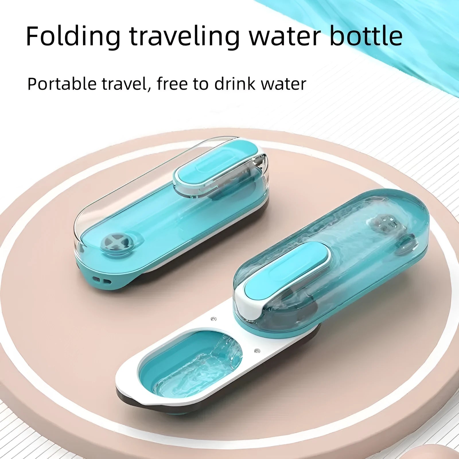 Blue portable dog water bottle with unfolded silicone drinking bowl on grass
