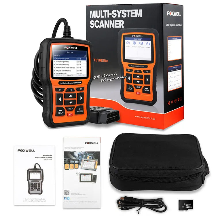Foxwell NT510 orange and black automotive diagnostic tool with OBD2 cable