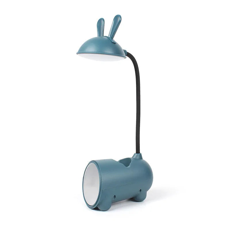 Green cartoon desk lamp with USB cable and pen storage compartment