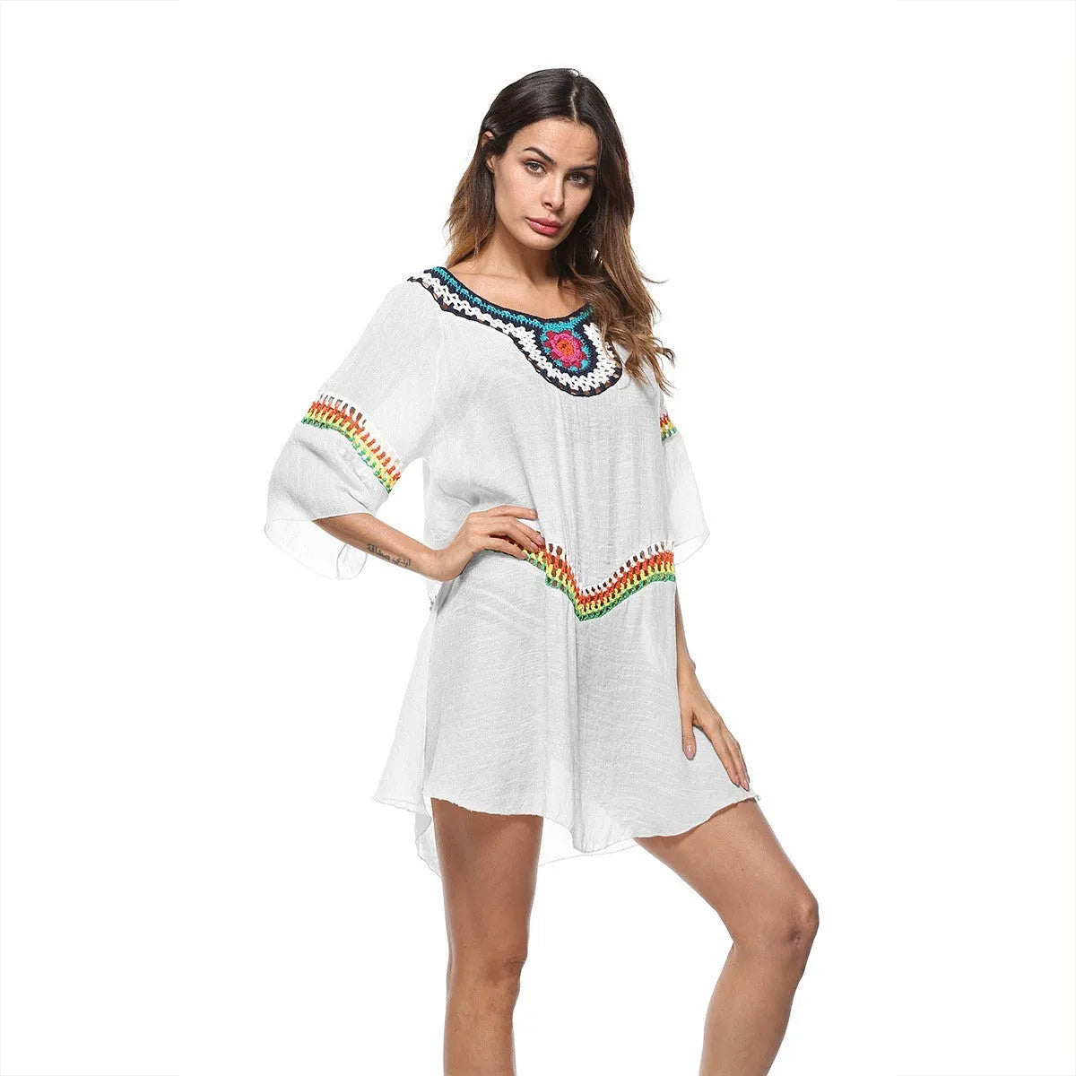 Crocheted acrylic beach cover-up in ethnic style for swimming and sun protection