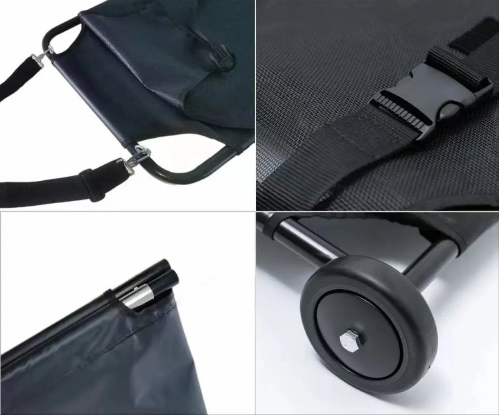 Large black aluminium alloy foldable pet stretcher for emergency dog transfer and rescue.