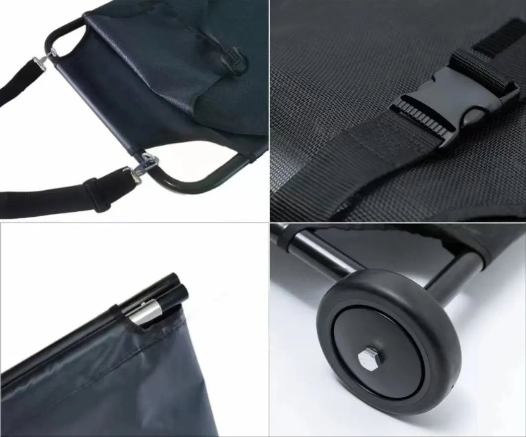 Large black aluminium alloy foldable pet stretcher for emergency dog transfer and rescue.