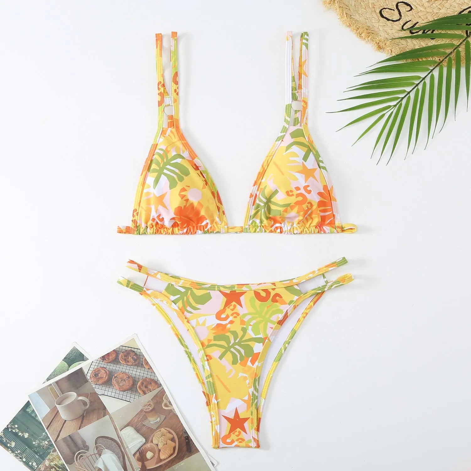 Women's floral printed halter bikini set with backless design in blue, white, or rose red polyester fiber swimwear