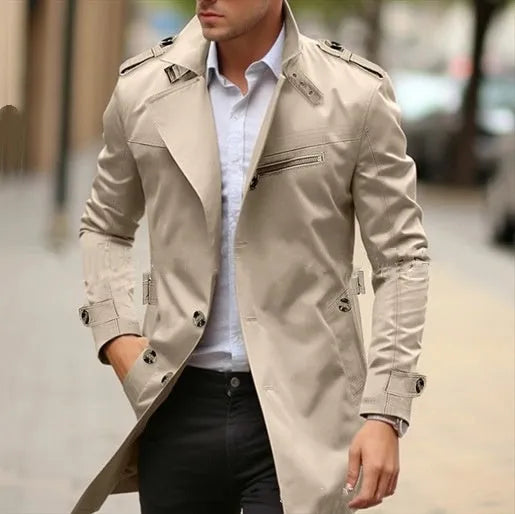 Mid-length plus size men's casual jacket in army green with lapel collar and side seam pockets.