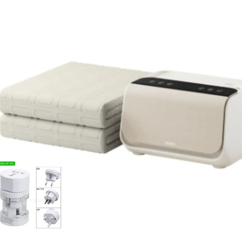 Aideng white plush electric water blanket with smart control host, shown on a bed.