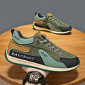 Men's low-top green mesh running shoes with white laces on a grey sole