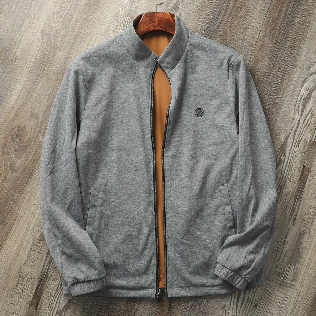 Men's stand collar casual jacket in polyester blend fabric with cotton lining