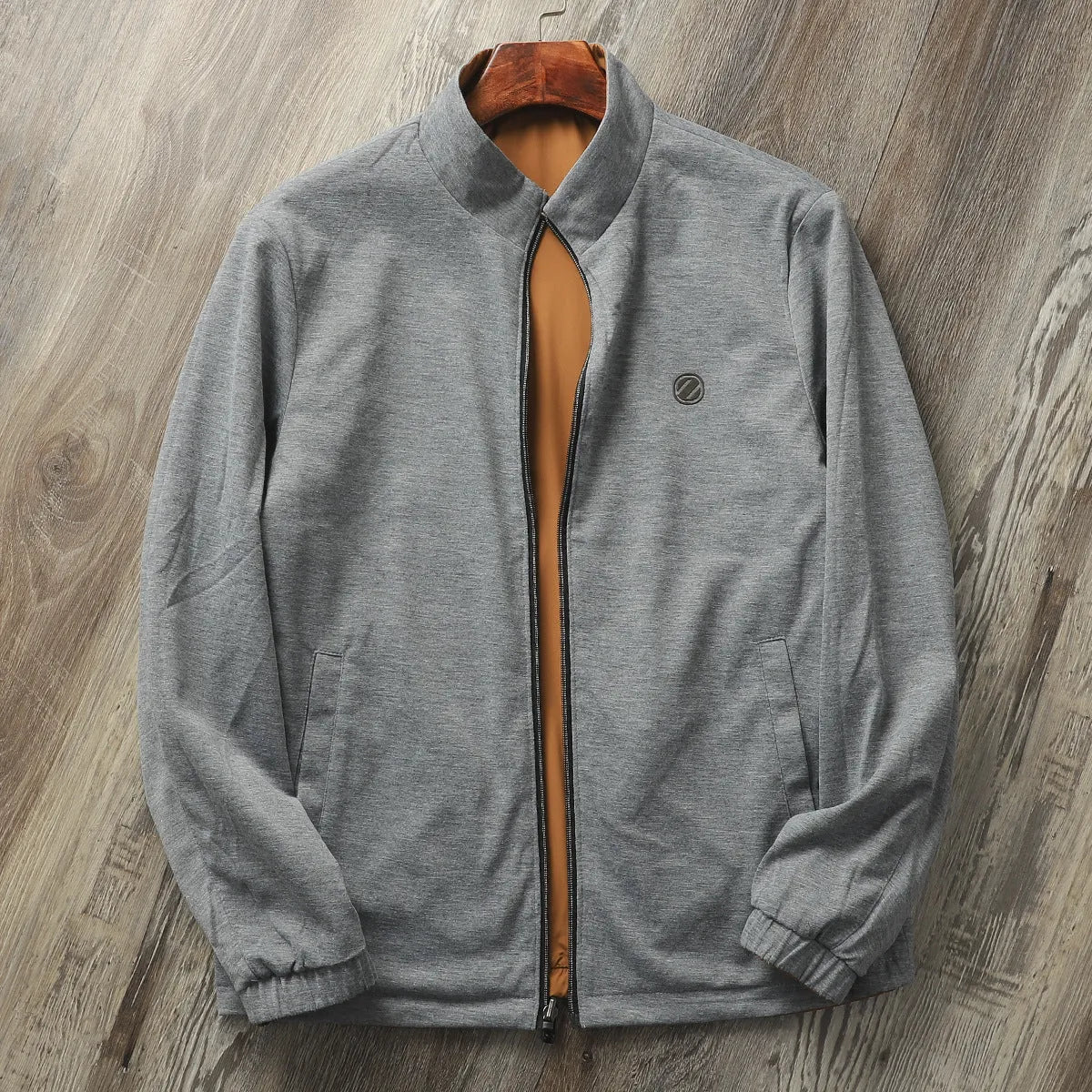 Men's stand collar casual jacket in polyester blend fabric with cotton lining