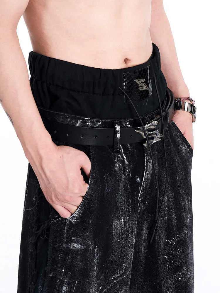 Black men's two-layer cowhide leather belt with metal letter buckle, 110cm length