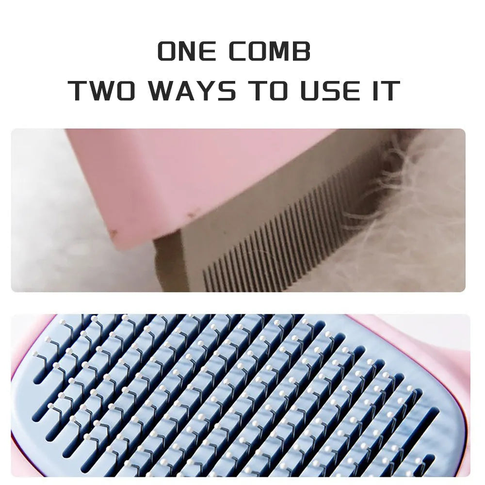 Blue and green double-sided pet grooming brush with deshedding rake and dematting comb on a white background