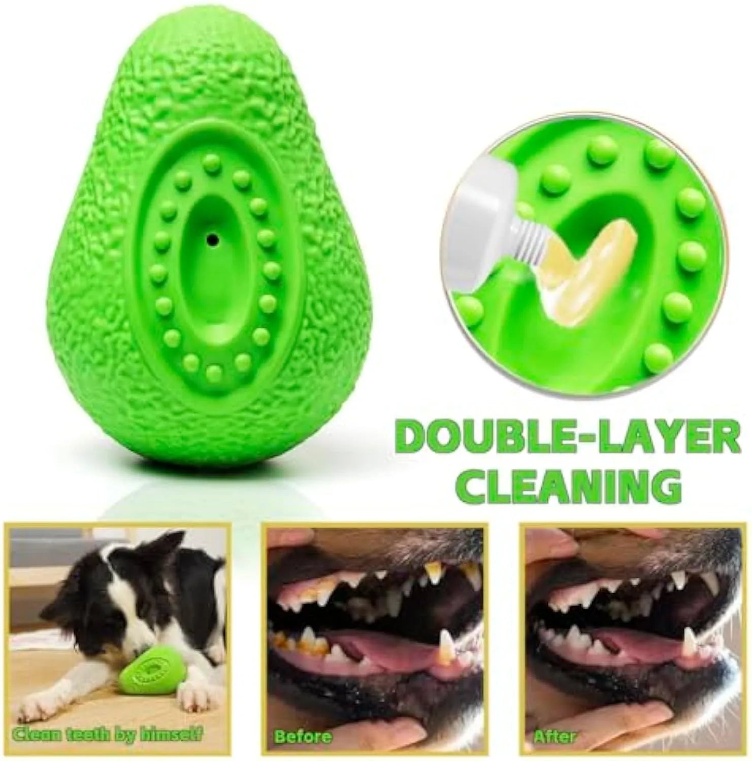 Green natural rubber dog chew toy for aggressive chewers, shaped like an avocado.