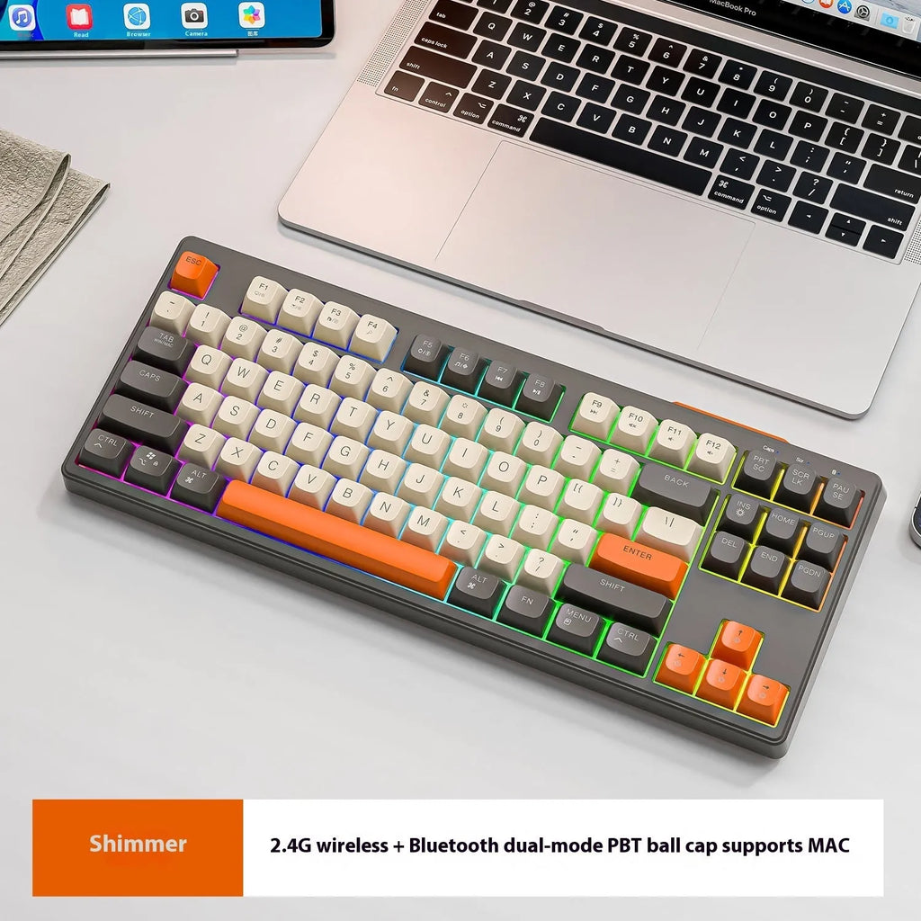 Wireless Bluetooth dual-mode mechanical keyboard with 87 keys in blueberry colour showing hot-swappable switches