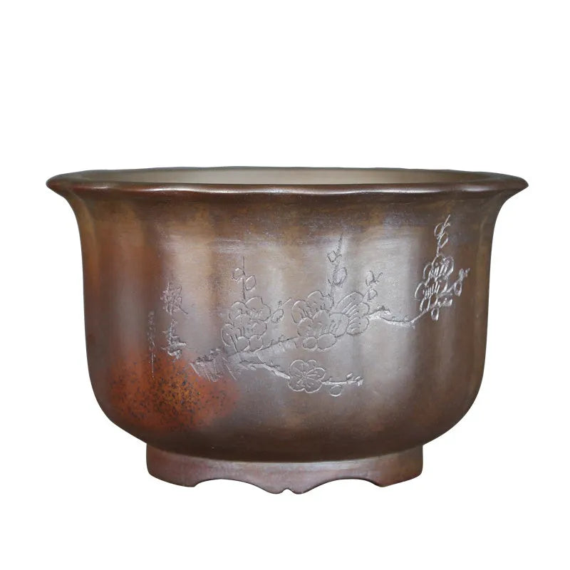 Purple sand ceramic bonsai pot with antique carved wood grain design