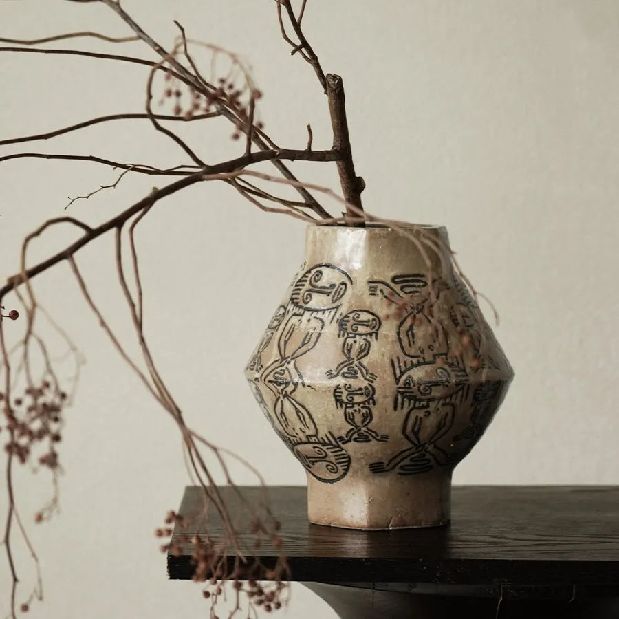 Hand-painted ceramic cylindrical vase with tribal totem flower patterns