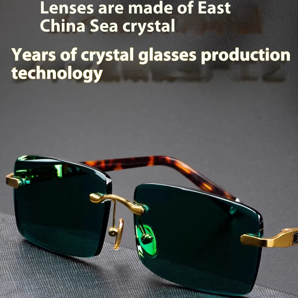Dark green crystal frameless sunglasses with protective case and lens cleaning cloth