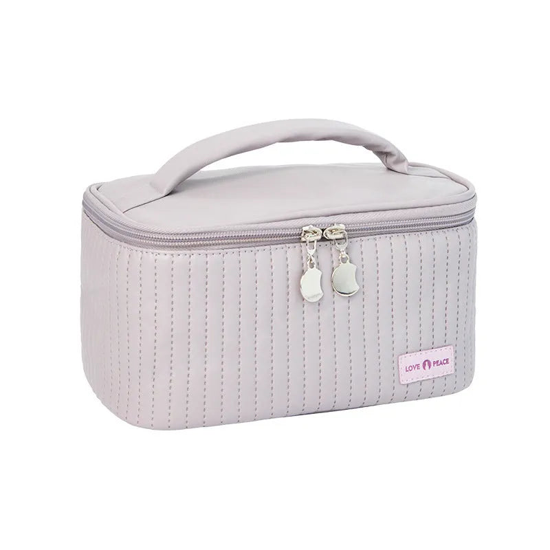 Open-top PU leather makeup bag in a choice of six solid colours: pink, coffee, beige, light blue, light green, light purple.