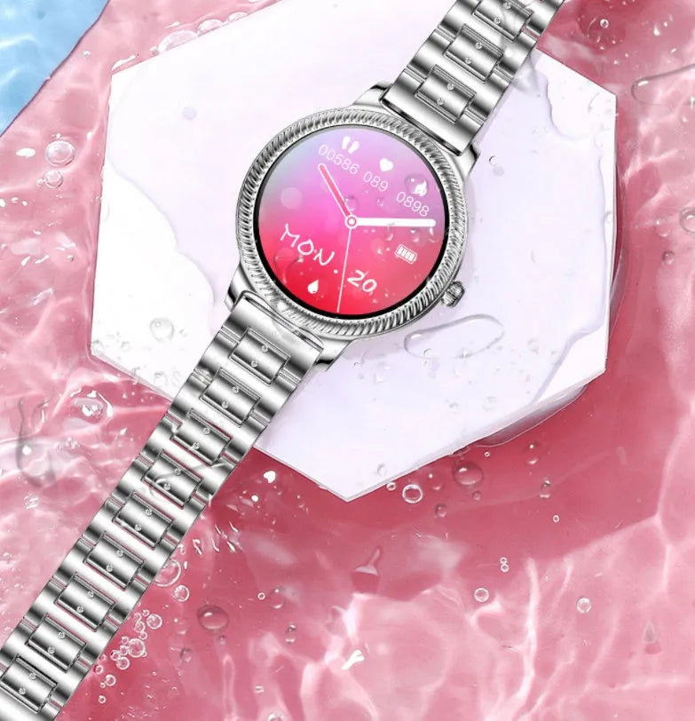 AK38 ladies smartwatch with stainless steel wristband showing 1.09-inch colour display