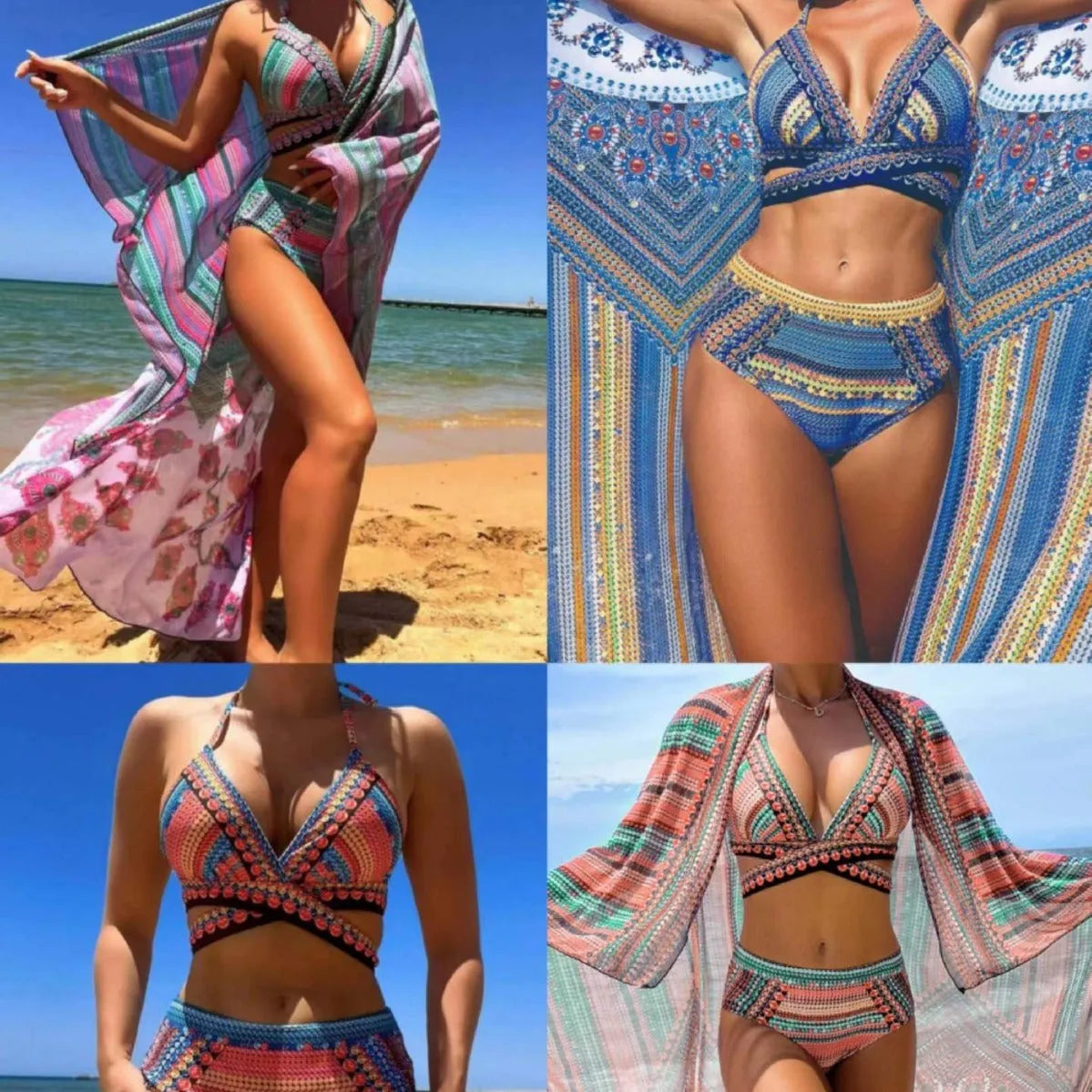Blue cross bandage bikini top with high-waisted bottoms and matching smock cover-up.