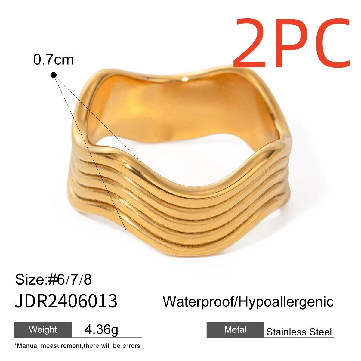 Stainless steel women's ring with geometric wide wave design and electroplated finish.