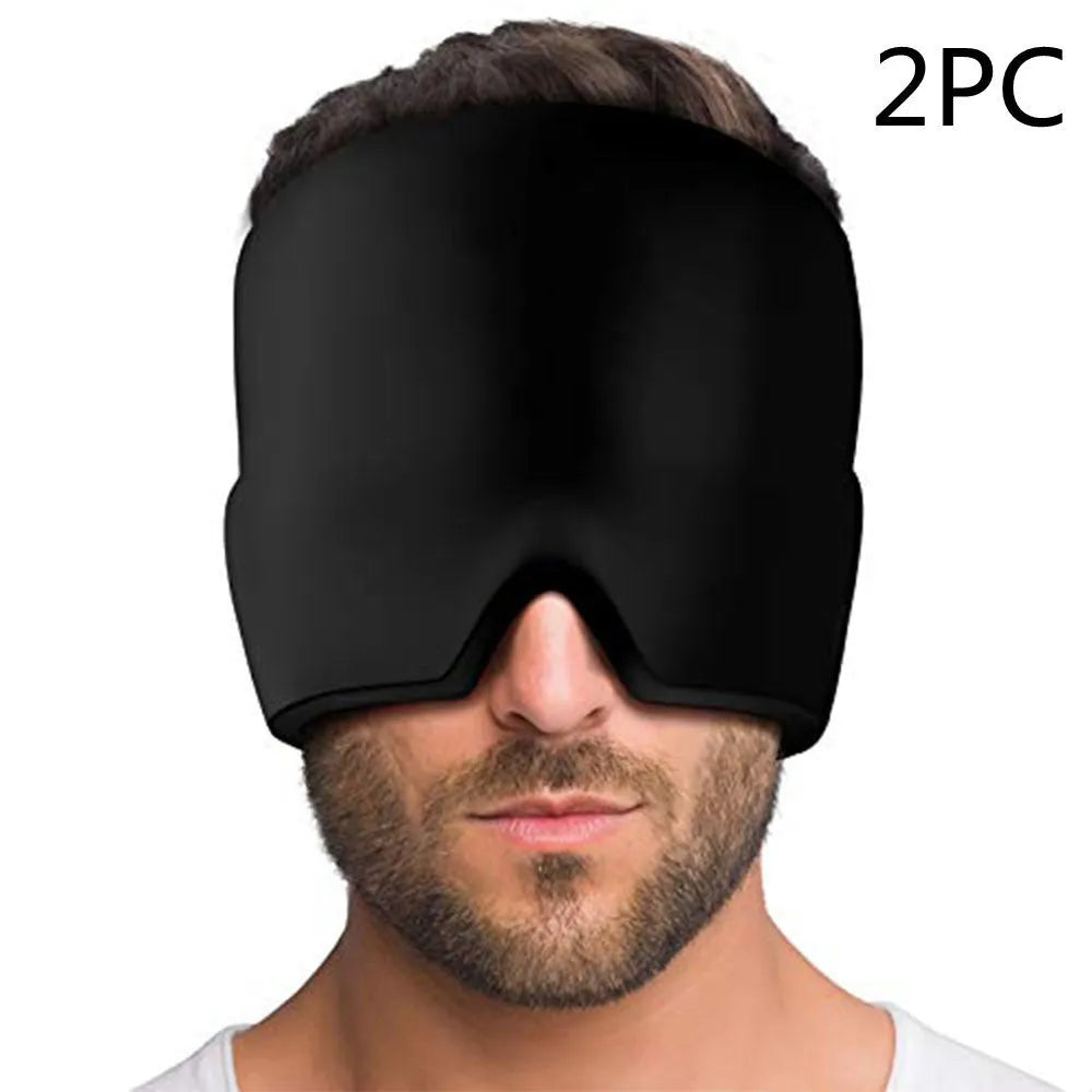 Black adjustable cold compress gel eye mask for headache relief on a plain background.