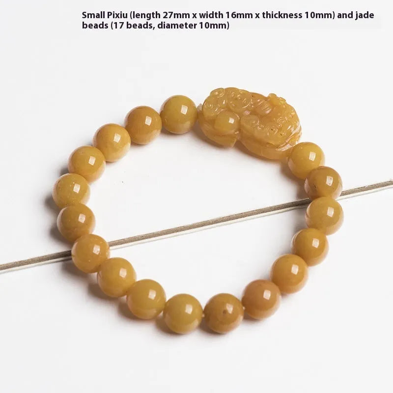 Carved Jinsi Jade money bracelet in Golden Thread Jade colour showing texture and bead detail.